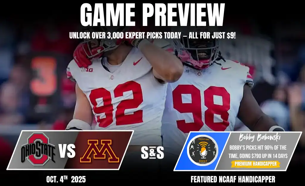 NCAAF 1 Promotional graphic for a game preview between Ohio State and Minnesota on October 4, 2025, featuring expert betting tips.
