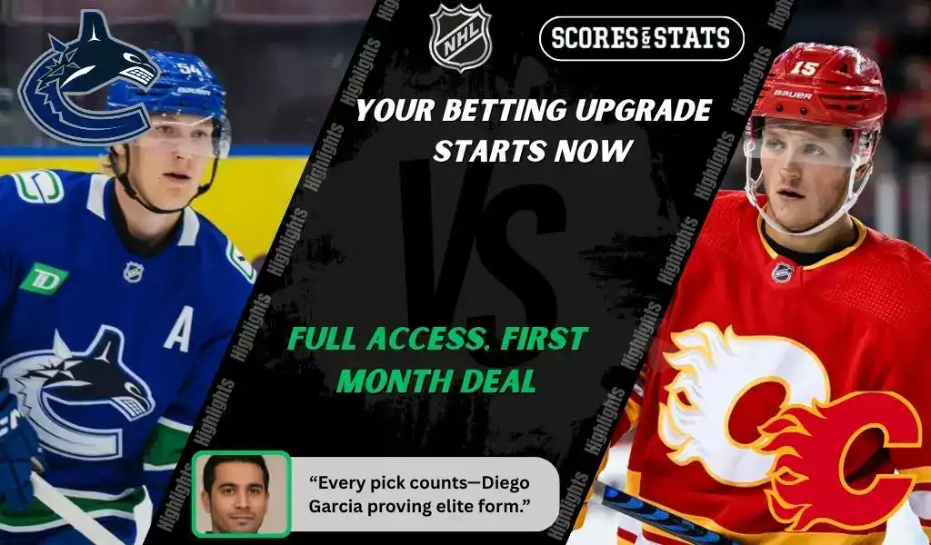 Vancouver Canucks player prepares for play while Calgary Flames skater looks on during NHL matchup promo for picks and predictions on October 9th, 2025.