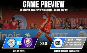 A soccer player in a red jersey prepares to kick a ball, with promotional text for an upcoming match between Chicago and Orlando City.