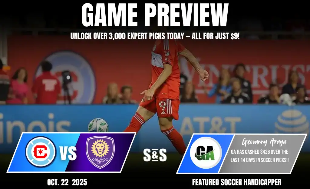 A soccer player in a red jersey prepares to kick a ball, with promotional text for an upcoming match between Chicago and Orlando City.