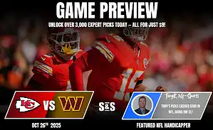A Kansas City Chiefs player in a red uniform prepares for a game against the Washington team, with promotional text about expert picks.