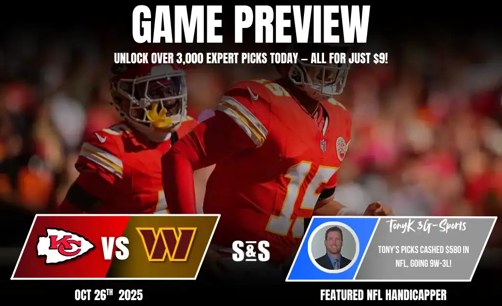 2 A Kansas City Chiefs player in a red uniform prepares for a game against the Washington team, with promotional text about expert picks.