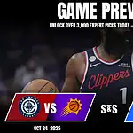 Graphic showing a basketball game preview between the Los Angeles Clippers and the Phoenix Suns, dated October 24, 2025.