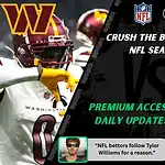 Washington Commanders player in white uniform faces Chicago Bears receiver in navy jersey during NFL matchup promo for expert picks and predictions on October 13th, 2025.
