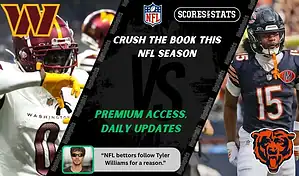 Washington Commanders player in white uniform faces Chicago Bears receiver in navy jersey during NFL matchup promo for expert picks and predictions on October 13th, 2025.