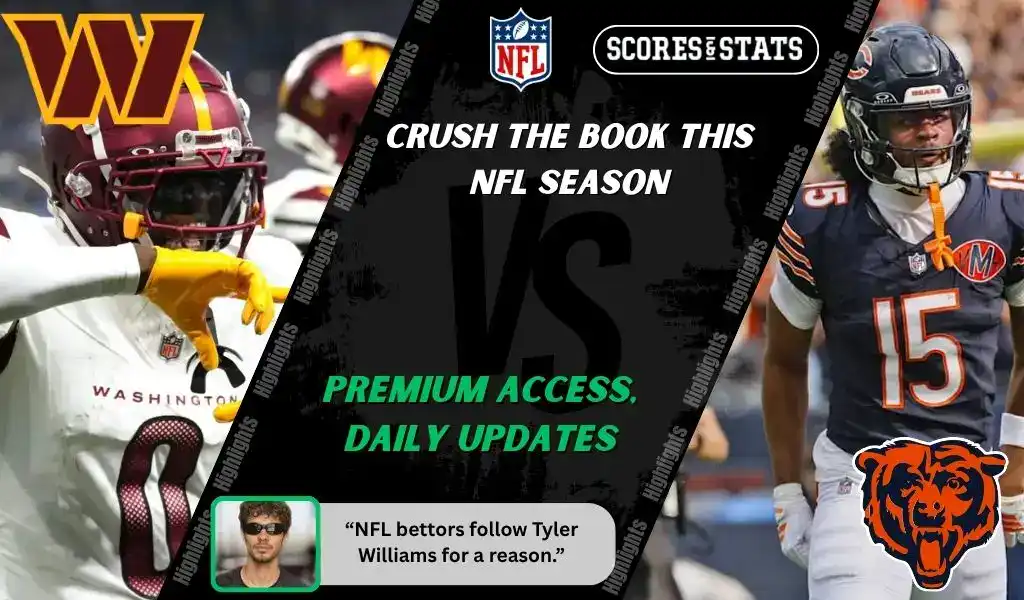 Washington Commanders player in white uniform faces Chicago Bears receiver in navy jersey during NFL matchup promo for expert picks and predictions on October 13th, 2025.