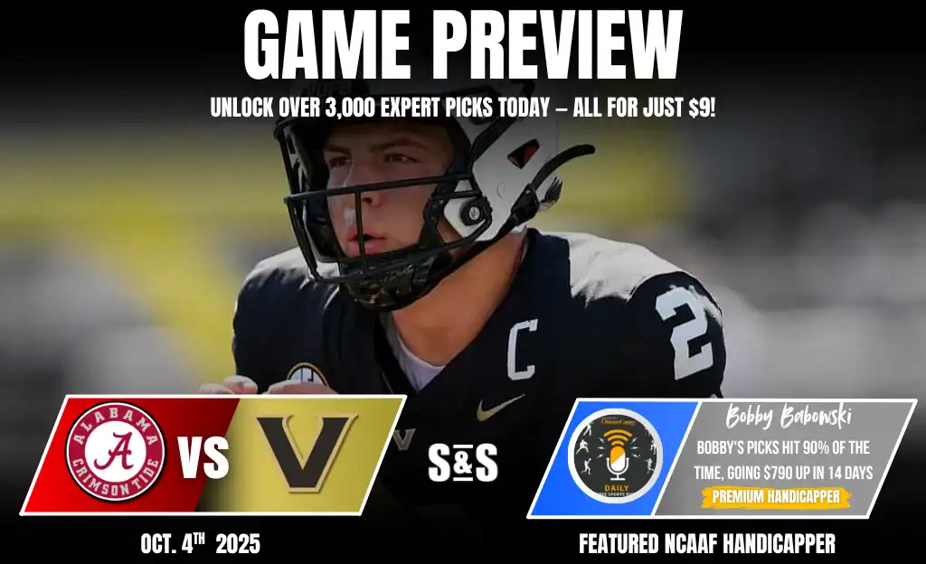 A football player is featured in a game preview between Alabama and Vanderbilt, with promotional text for betting picks and a handicapping service.