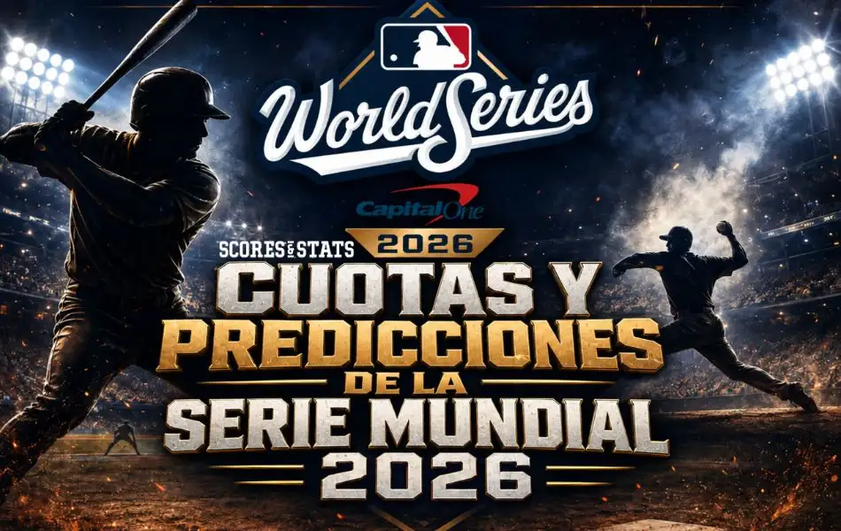 Cuotas y predicciones de la Serie Mundial 2026 con jugadores de béisbol, estadio iluminado y logo oficial de World Series.