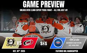 A hockey game preview featuring players in orange jerseys celebrating, with game details and expert picks highlighted.