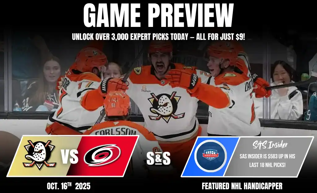 A hockey game preview featuring players in orange jerseys celebrating, with game details and expert picks highlighted.