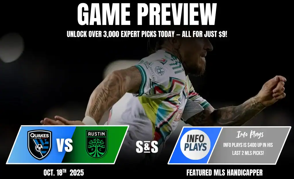 A soccer player prepares to kick the ball, with team logos and game details for a match between Quakes and Austin in October 2025.
