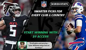Atlanta Falcons quarterback in black uniform faces Buffalo Bills quarterback in blue jersey during NFL matchup promo for expert picks and predictions