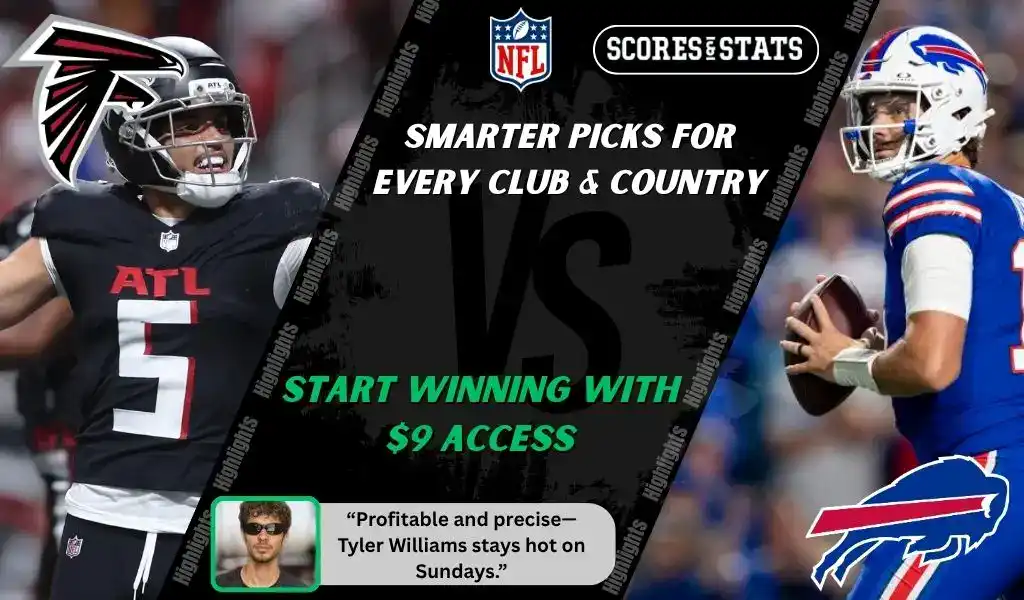 Atlanta Falcons quarterback in black uniform faces Buffalo Bills quarterback in blue jersey during NFL matchup promo for expert picks and predictions