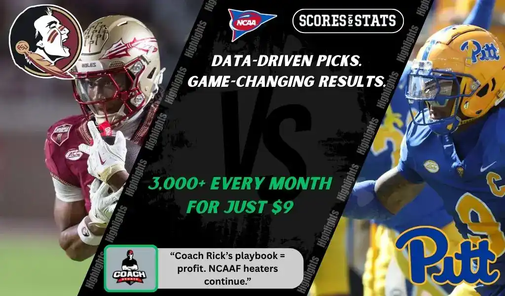 Florida State Seminoles running back charges downfield while Pittsburgh Panthers defender prepares to tackle during NCAA football matchup promo for picks and predictions on October 11th, 2025.
