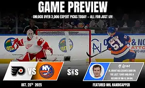 A hockey game preview featuring the Philadelphia Flyers vs. New York Islanders, with visuals of players and promotional offers.