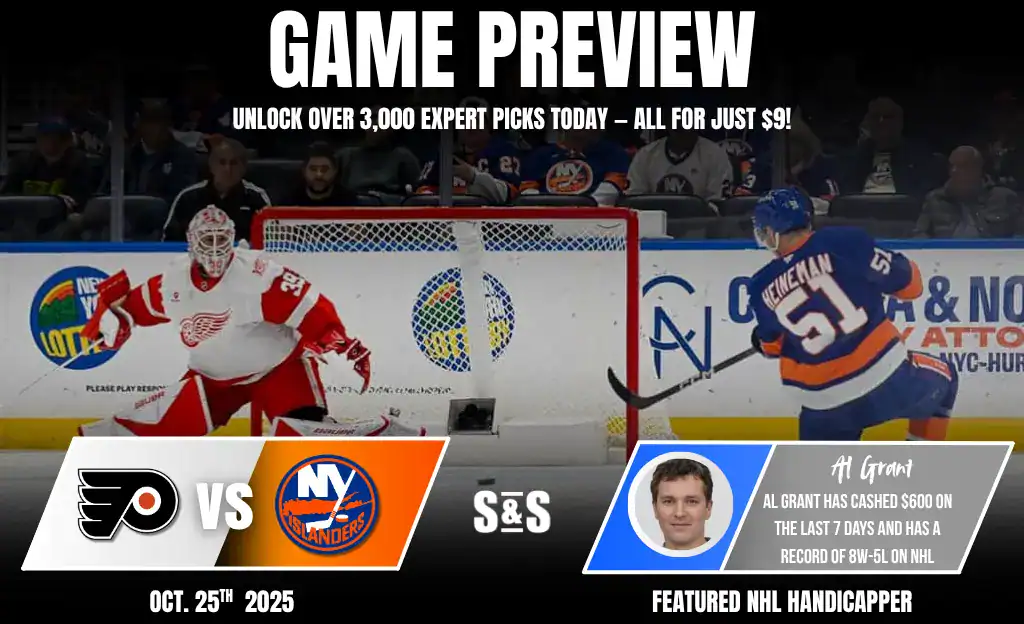 Previews 10 A hockey game preview featuring the Philadelphia Flyers vs. New York Islanders, with visuals of players and promotional offers.