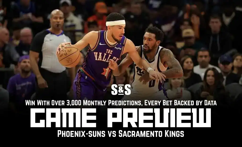 Phoenix Suns player dribbling the basketball against the Sacramento Kings in a game preview graphic.