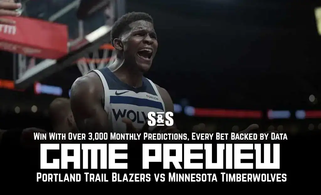 A player from the Minnesota Timberwolves gestures during a game preview against the Portland Trail Blazers, with promotional text below.