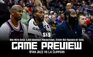 A group of seated fans at a basketball game, featuring promotional text for a Utah Jazz vs LA Clippers game preview.