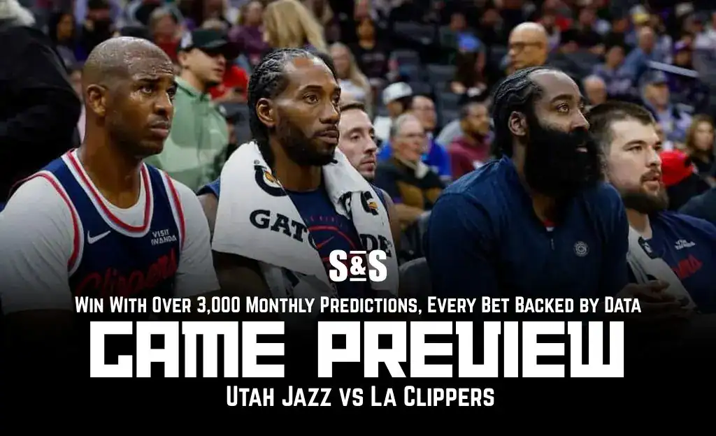 A group of seated fans at a basketball game, featuring promotional text for a Utah Jazz vs LA Clippers game preview.