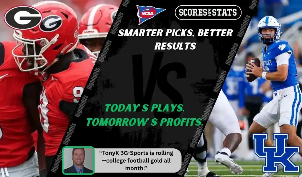 Georgia Bulldogs football players celebrate on the field while Kentucky Wildcats quarterback prepares to pass during their college football matchup on October 4, 2025. Betting picks and game predictions preview.