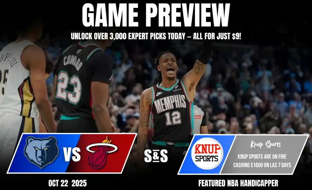 A Memphis Grizzlies vs. Miami Heat game preview graphic, featuring players in vibrant jerseys with promotional text.