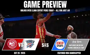 A tense basketball game preview featuring the Atlanta Hawks vs. Oklahoma City Thunder, with promotional details for Knup Sports.
