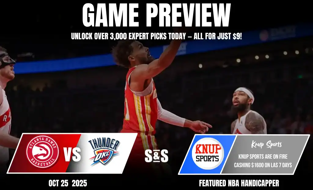 Previews 9 A tense basketball game preview featuring the Atlanta Hawks vs. Oklahoma City Thunder, with promotional details for Knup Sports.