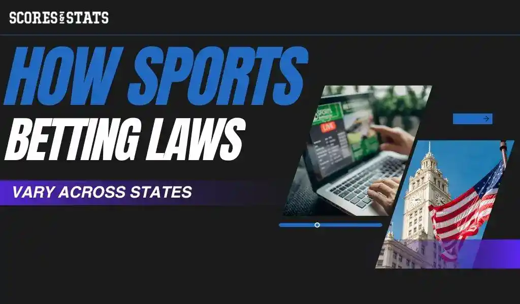 "Illustration showing how sports betting laws vary across U.S. states with laptop betting app, American flag, and courthouse building."