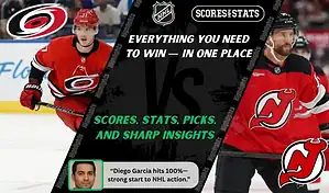 Carolina Hurricanes player skates with the puck while New Jersey Devils player prepares to defend during NHL matchup promo for picks and predictions on October 9th, 2025.
