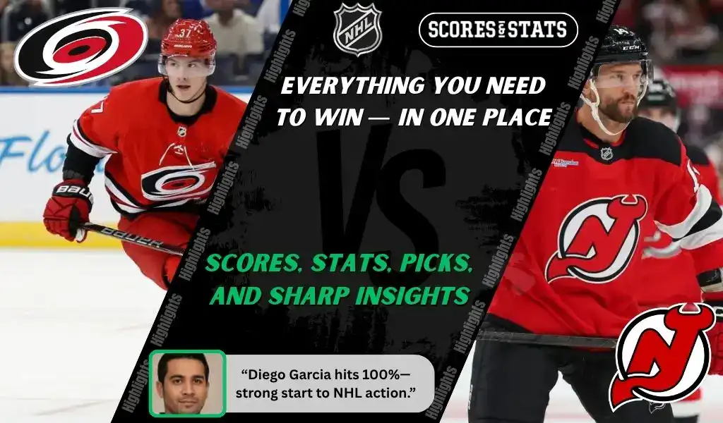 Carolina Hurricanes player skates with the puck while New Jersey Devils player prepares to defend during NHL matchup promo for picks and predictions on October 9th, 2025.