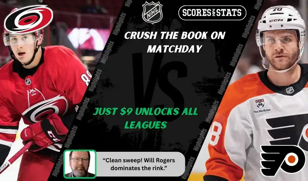 Carolina Hurricanes skater in red uniform faces Philadelphia Flyers player in orange during NHL matchup promo for expert picks and predictions on October 11th, 2025.