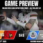 A football player prepares to pass, featuring a promotional banner for a game preview between Miami and Louisville on October 17, 2025.