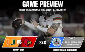 A football player prepares to pass, featuring a promotional banner for a game preview between Miami and Louisville on October 17, 2025.