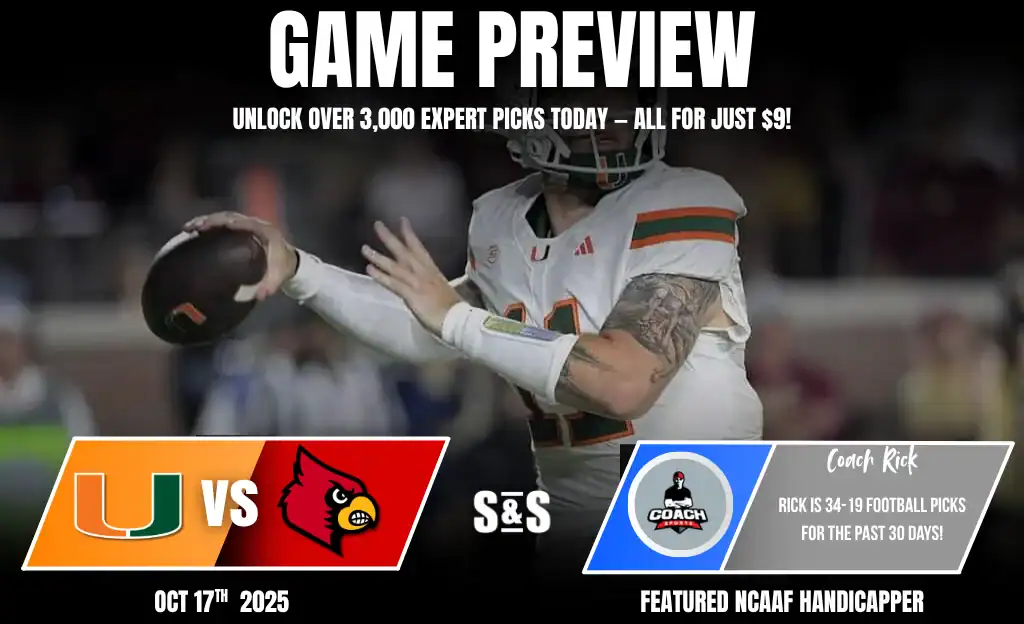 A football player prepares to pass, featuring a promotional banner for a game preview between Miami and Louisville on October 17, 2025.