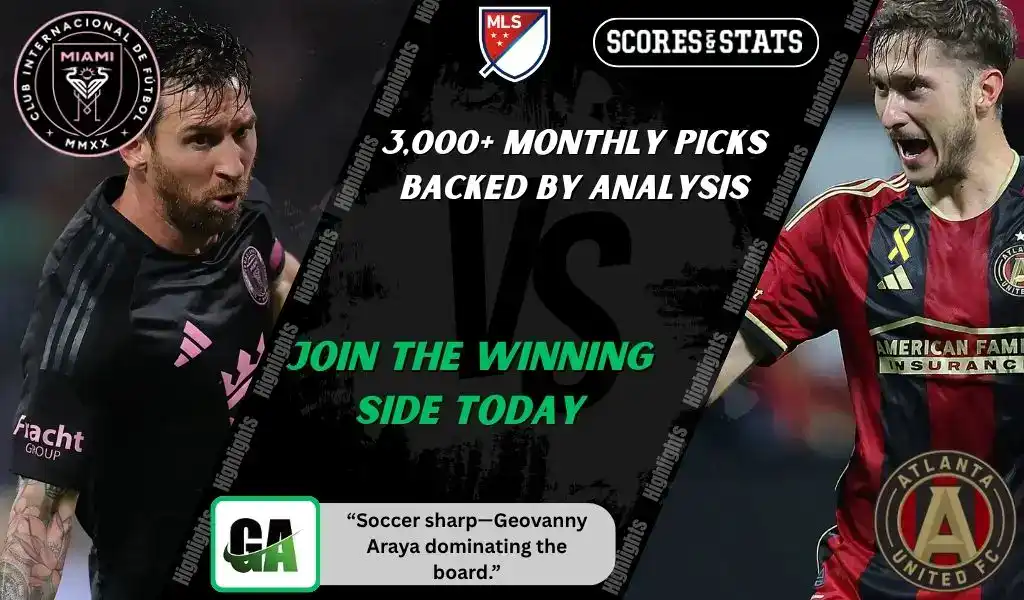Inter Miami CF player dribbles the ball while Atlanta United player celebrates during MLS matchup promo for picks and predictions on October 11th, 2025.