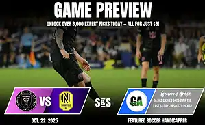 Image promoting a soccer match preview between Inter Miami and Nashville SC, featuring expert betting tips for $9 on October 22, 2025.