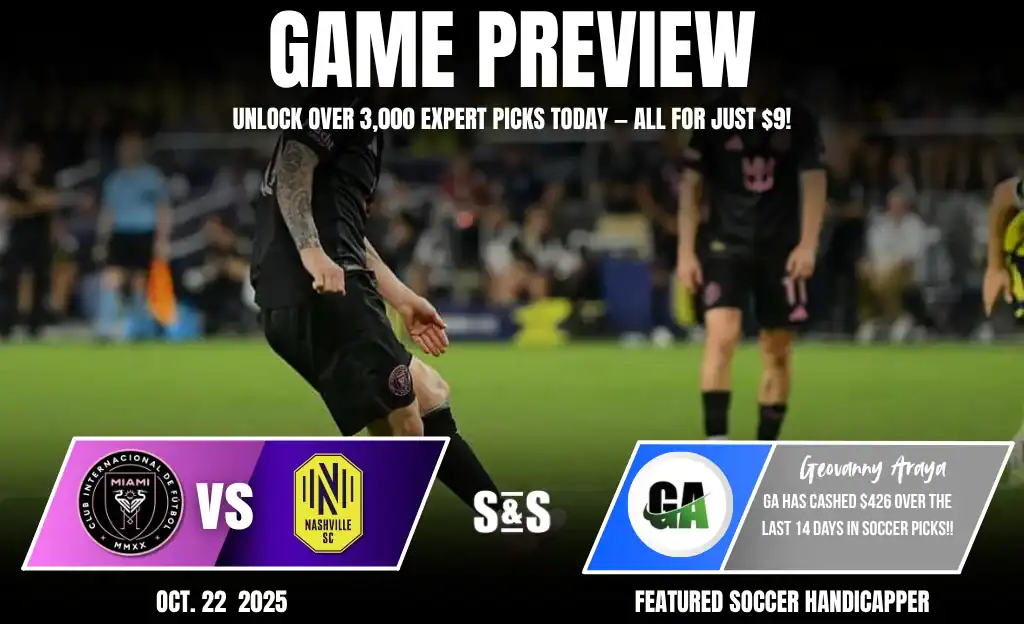 Image promoting a soccer match preview between Inter Miami and Nashville SC, featuring expert betting tips for $9 on October 22, 2025.