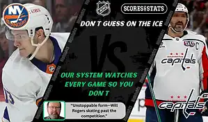 New York Islanders player in white uniform faces Washington Capitals captain in white and red jersey during NHL matchup promo for expert picks and predictions on October 11th, 2025.