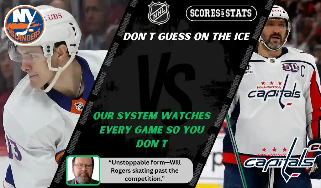 New York Islanders player in white uniform faces Washington Capitals captain in white and red jersey during NHL matchup promo for expert picks and predictions on October 11th, 2025.