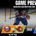 Game preview graphic featuring the NY Islanders vs Ottawa Senators, with a player's action shot and expert picks promotion.