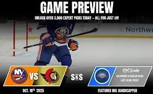 Game preview graphic featuring the NY Islanders vs Ottawa Senators, with a player's action shot and expert picks promotion.