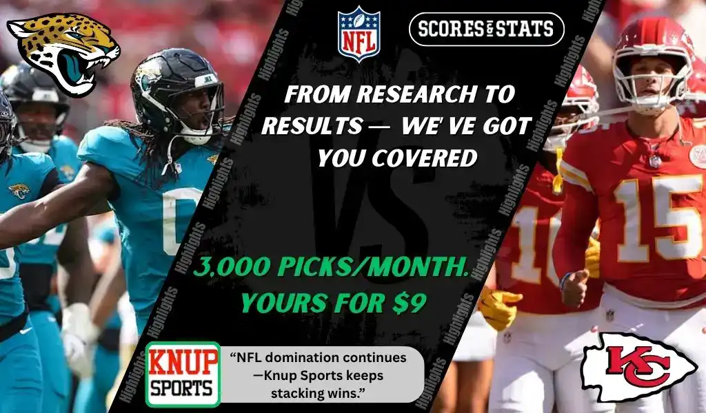 Jacksonville Jaguars and Kansas City Chiefs players in action with promotional banner for NFL picks and predictions on October 6th, 2025.