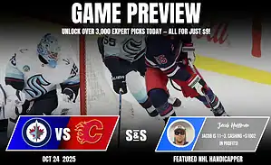 Game preview graphic for a match between the Winnipeg Jets and Calgary Flames on October 24, 2025, showcasing player action and betting advice.
