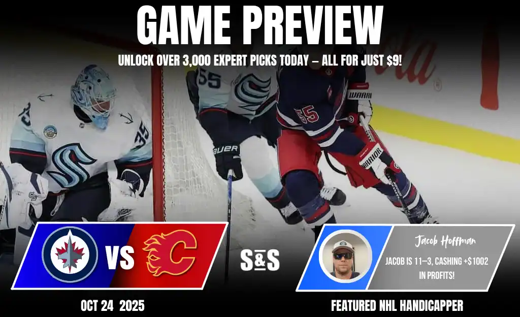 Game preview graphic for a match between the Winnipeg Jets and Calgary Flames on October 24, 2025, showcasing player action and betting advice.