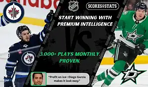 Winnipeg Jets player celebrates while Dallas Stars skater controls the puck during NHL matchup promo for picks and predictions on October 9th, 2025.