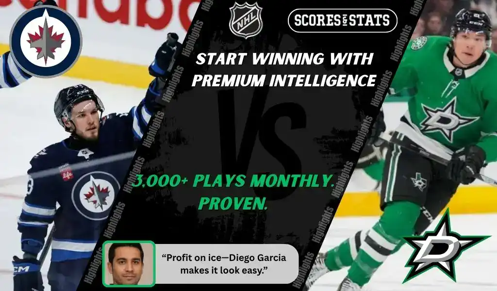 Winnipeg Jets player celebrates while Dallas Stars skater controls the puck during NHL matchup promo for picks and predictions on October 9th, 2025.