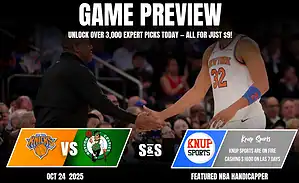 Image of a Knicks vs Celtics game preview, showcasing players shaking hands and promotional details for expert sports picks.
