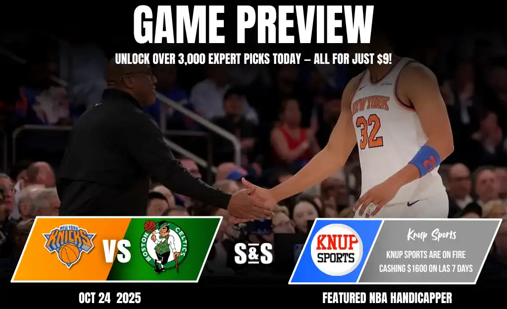 Image of a Knicks vs Celtics game preview, showcasing players shaking hands and promotional details for expert sports picks.