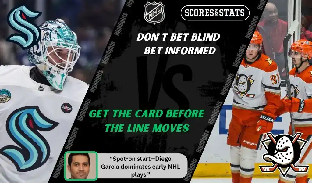 Seattle Kraken goalie in action while Anaheim Ducks players celebrate during NHL matchup promo for picks and predictions on October 9th, 2025.